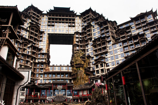 Historic ancient 72 Tujia Stilted Buildings Scenic Area or antique building 72 Qilou cultural landmark for chinese travelers travel visit in Yongding at Zhangjiajie City on May 9, 2024 in Hunan, China