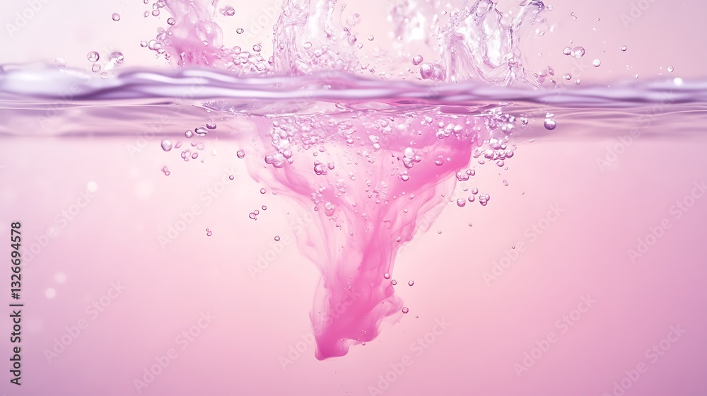 Aufkleber pink liquid splashes into water, creating a swirling effect with bubbles.