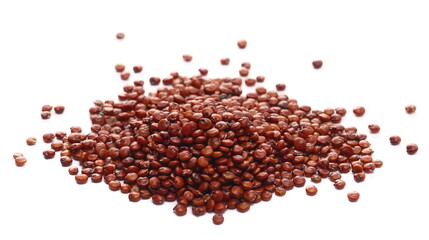 Pile raw red quinoa isolated on white, side view