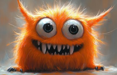 Obraz premium Playful Orange Furry Monster with Expressive Face Looking Cheerfully at the Camera