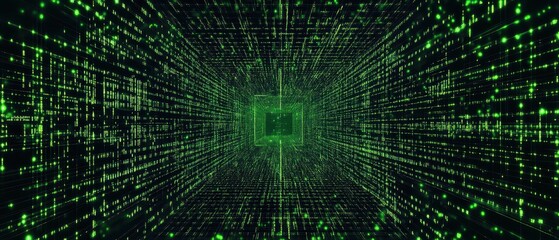Floating neon data streams forming a deep AIpowered matrix grid, hightech aesthetic