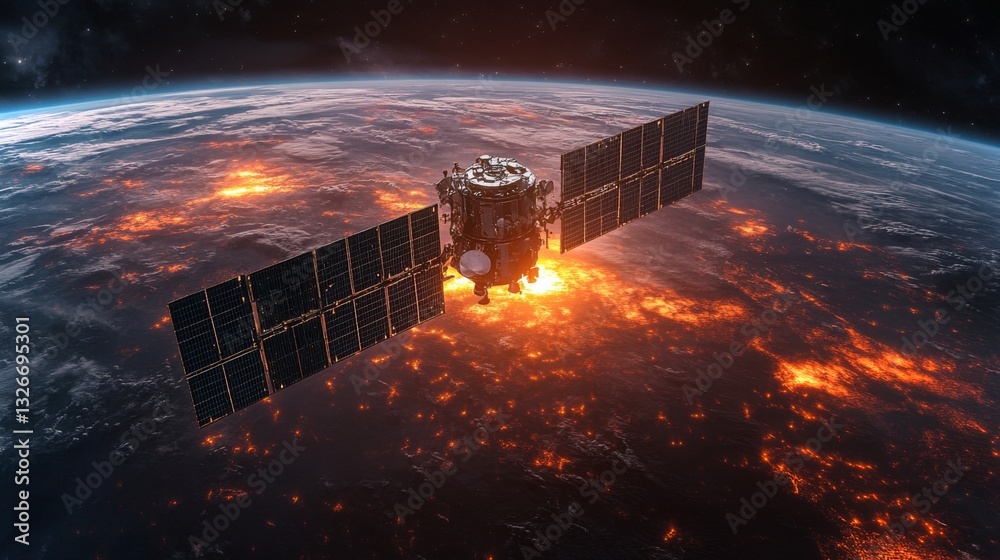 Aufkleber a solar-paneled spacecraft relays telemetry data while tracking gps signals above a bright, fiery su