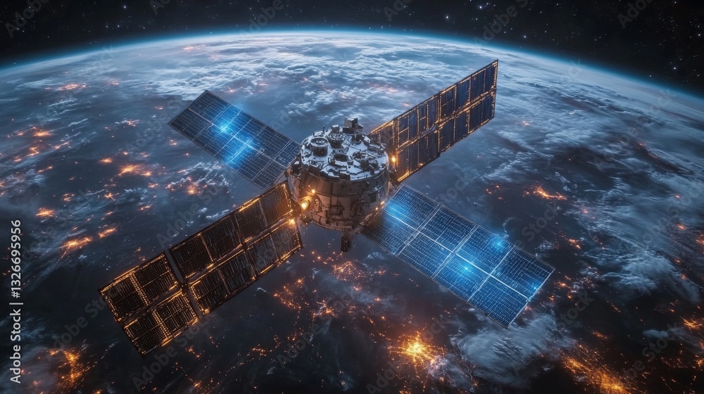 Poster A satellite orbits Earth, equipped with solar panels to generate power. It transmits GPS signals and telemetry data vital for global positioning and tracking activities.