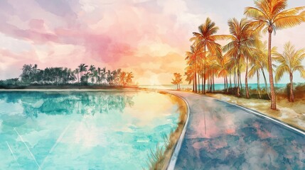 Fototapeta premium A dreamy tropical road beside a crystal-clear lagoon, lined with golden palm trees, illuminated by a soft pink sunset, bold watercolor painting.