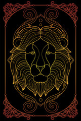 Luxury Art Nouveau Lion Gold on Black Art. Vintage Black and White Animal Illustration. Royal Tarot Deck Design.