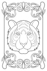 Royal Art Nouveau Tiger Coloring Page. Vintage Black and White Animal Illustration. Luxury Tarot Deck Design.