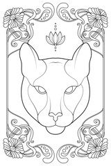 Royal Art Nouveau Puma Coloring Page. Vintage Black and White Animal Illustration. Luxury Tarot Deck Design.