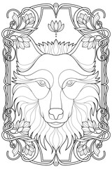 Royal Art Nouveau Wolf Coloring Page. Vintage Black and White Animal Illustration. Luxury Tarot Deck Design.
