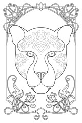 Royal Art Nouveau Lion Coloring Page. Vintage Black and White Animal Illustration. Luxury Tarot Deck Design.