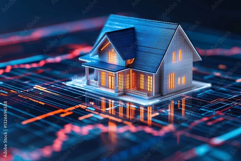 Wall mural a miniature house rests on a digital data visualization background