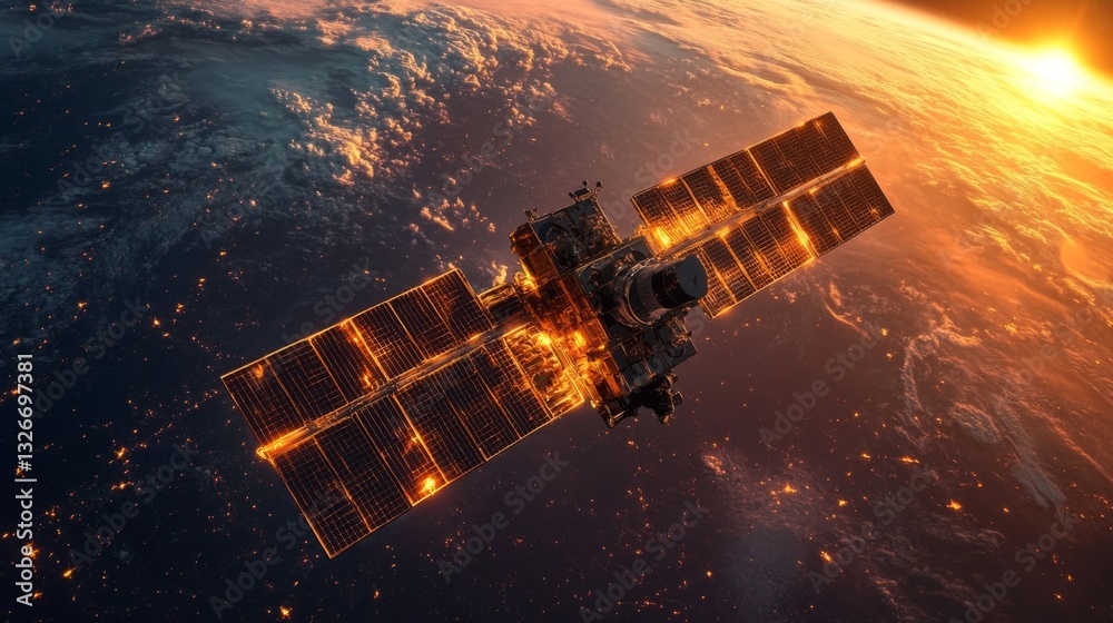 Poster a satellite orbits earth, illuminated by sunlight with solar arrays spread wide.