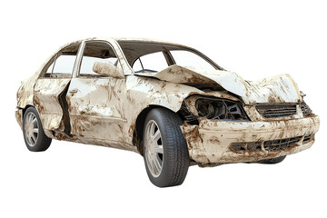 Abandoned car showing significant damage and dirt