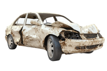 Abandoned car showing significant damage and dirt