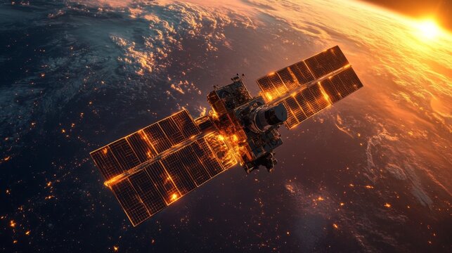 A satellite orbits Earth, illuminated by sunlight with solar arrays spread wide.