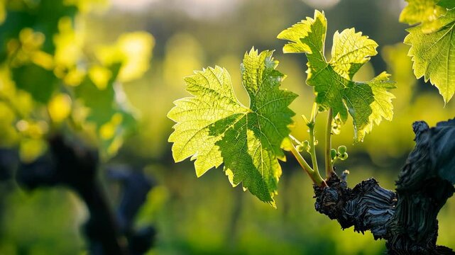 Timelapse of vine leaves growing with sunlight in vineyard setting