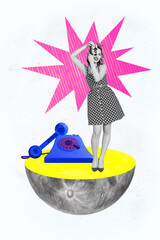 Vertical photo collage of happy vintage girl wear dress stand moon half take picture retro camera telephone isolated on painted background