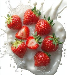 Fresh Strawberries in a Creamy Milk Splash Isolated on White Background 3D Rendering