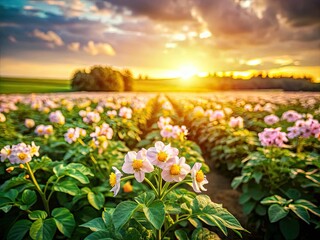 Obraz premium Tiny potato plants bloom in a whimsical tilt-shift landscape, a picturesque farmland scene.