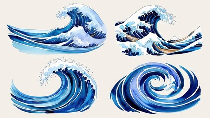 Watercolor Japanese Style Wave Collection Four Unique Ocean Wave Designs in Blue Hues