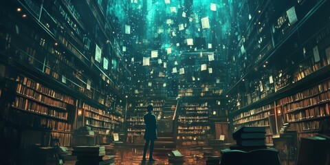 A person stands in a mysterious library under floating papers