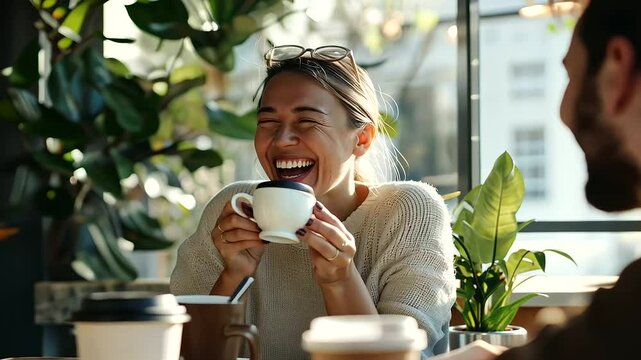 Team enjoying coffee in a bright breakroom with thriving plants