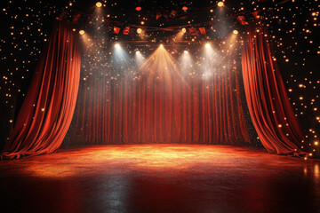 Stage with red curtains and spotlights illuminating an empty microphone, creating an ambiance ready for a captivating performance.