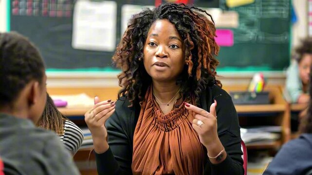 Black female teacher with curly hair in a classroom, passionately explaining a topic to students, using hand gestures to emphasize key points. Dedicated and inspiring education, back to school concept
