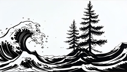 enorme onda di tsunami si abbatte sulla costa devastando ogni cosa, lasciando in piedi solo due alberi, Huge tsunami wave hits the coast devastating everything, leaving only two trees standing