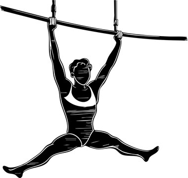 Gymnastics performance by an athlete on parallel bars indoor gym action shot dynamic environment low angle view strength and flexibility
