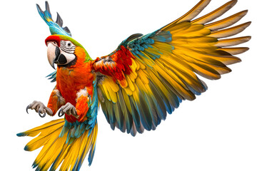 Fototapeta premium Colorful macaw flying with wings spread wide