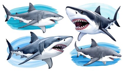 Fototapeta premium Four Great White Sharks Watercolor Painting Ocean Wildlife Marine Animal Art Aquatic Predator