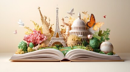 Intricately crafted paper cut designs of famous landmarks such as the Eiffel Tower and Colosseum emerge from the pages of an open book creating a captivating and imaginative visual composition