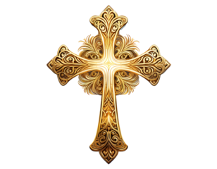 Golden ornate cross shining on transparent background for easter festivities