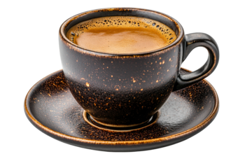 Rich espresso in a black ceramic cup on a saucer
