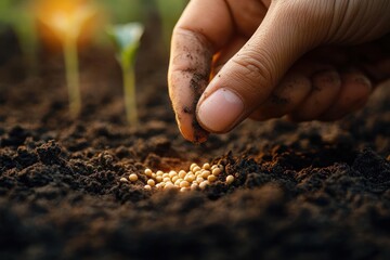 Hand Planting Vegetable Seeds in Fertile Soil in Garden Natural Sunlight Growth Agriculture