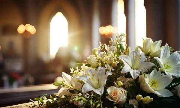 coffin decorated with white roses in church animation