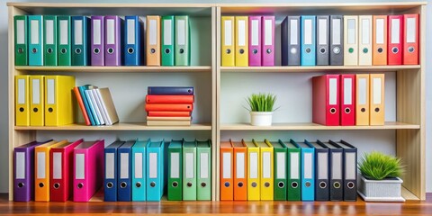 Naklejka premium Organized workspace with colorful binders arranged neatly on a shelf, tidy desk