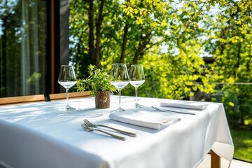Ecofriendly table linens displayed on a garden table in natural light highlighting textures wide-angle view