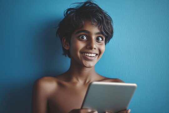 Young boy is holding a tablet in his hand