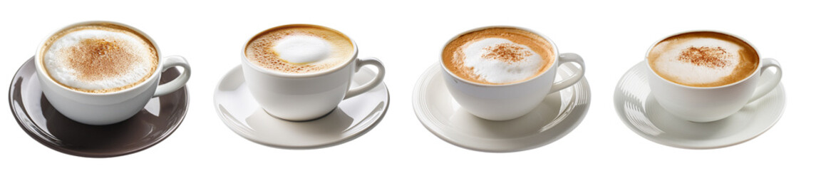 Four coffee cups with varying designs showcasing rich textures and creamy foam.