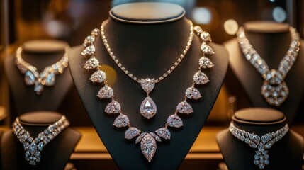 A luxury necklace display with multiple diamond pendant styles under soft lighting
