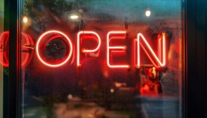 Neon red Open sign with condensation on a window, of a dimly lit pub. Open Bar Concept for business