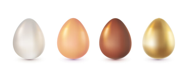 Vector set of illustration of realistic shine different color egg isolated on white background. 3d cartoon style design of golden and chocolate egg for holiday easter hunt greeting card