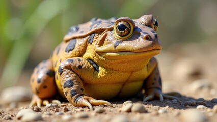 Obraz premium A close-up of a bufo valliceps, also known as the Gulf Coast toad, on a sandy surface with a blurred natural background.