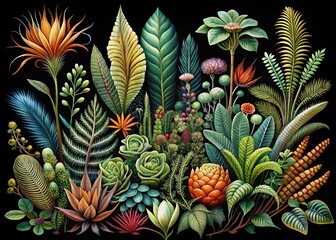 Fototapeta premium Black background botanical prints. Simple elegance.