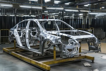 Assembly line car frame in industrial setting. Neural network AI generated
