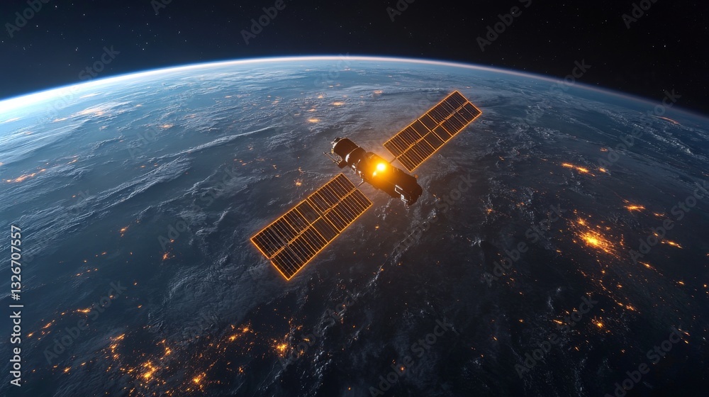 Poster a satellite orbits earth, equipped with solar panels and transmitting telemetry signals crucial for 
