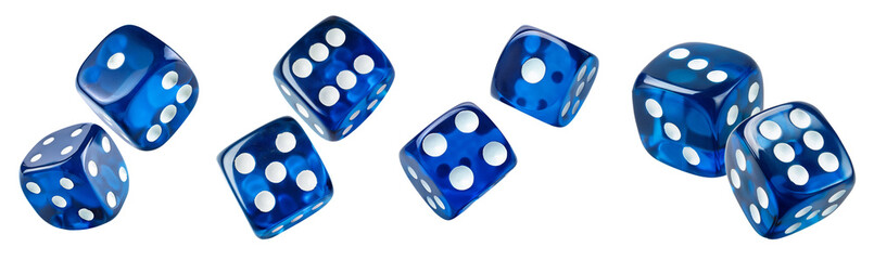 A vibrant collection of blue dice scattered on a white surface, perfect for game nights.