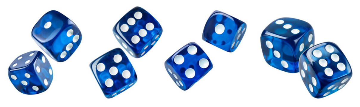 A vibrant collection of blue dice scattered on a white surface, perfect for game nights.