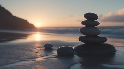 Zen stones balancing on a beach at sunset creating a peaceful and serene scene with ocean background